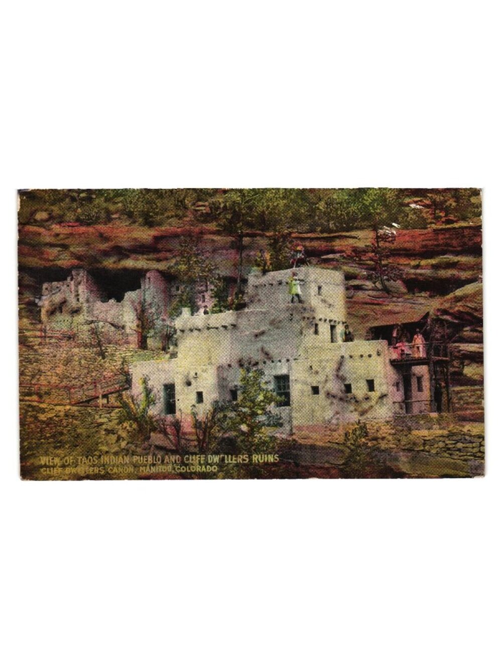 Vintage Taos Indian Pueblo Cliff Dwellers Ruins Postcard Manitou Colorado